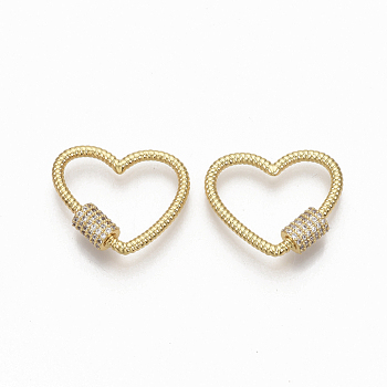 Brass Micro Pave Clear Cubic Zirconia Screw Carabiner Lock Charms, for Necklaces Making,  Heart, Golden, 20.5x24x2mm, Screw: 7x5.5mm