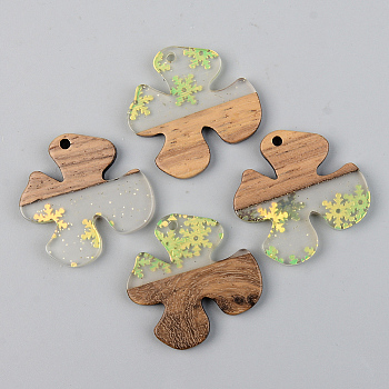 Transparent Resin & Walnut Wood Pendants, with Glitter Sequins/Paillette, Flower with Snowflake, Green Yellow, 28x28x3mm, Hole: 2mm