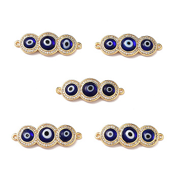 Handmade Lampwork Evil Eye Connector Charms, with Clear Cubic Zirconia, Real 18K Gold Plated Brass Findings, Blue, 13x36x4.5mm, Hole: 1.4mm