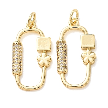 Brass Micro Pave Clear Cubic Zirconia Pendants, Rectangle with Flower Charms, Rack Plating, Long-Lasting Plated, Cadmium Free & Lead Free, Real 18K Gold Plated, 23x13x2mm, Hole: 3mm