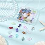 50Pcs 5 Colors Transparent Spray Painted Glass Beads, Fish, Mixed Color, 15x8x5mm, Hole: 1mm, 5pcs/color(GLAA-FP0001-41)