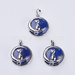 Natural Lapis Lazuli Kitten Pendants, with Brass Findings, Flat Round with Cat & Crescent Moon Shape, Platinum, 32x27.5x10mm, Hole: 5x7mm(X-G-K234-D15)