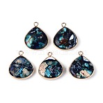Dyed Natural Imperial Jasper Pendants, Brass Gems Teardrop Charms, Golden, Prussian Blue, 25~25.5x21~22x6~6.5mm, Hole: 2.2mm(G-Q601-05G-01)