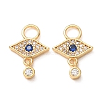 Brass Micro Pave Marine Blue Cubic Zirconia Charms, Evil Eye Charms, Rack Plating, Long-Lasting Plated, Cadmium Free & Lead Free, Real 18K Gold Plated, 15x10.5x3mm, Hole: 3mm(CU-K002-18G)