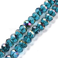 Transparent Electroplate Glass Beads Strands, Faceted, Rondelle, Half Rainbow Plated, Dark Turquoise, 7.5~8x6.5~7mm, Hole: 1.4mm, about 65pcs/strand, 16.77 inch(42.6cm)(GLAA-F122-04F)