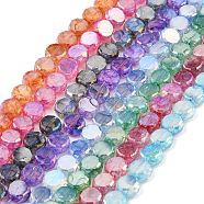 Imitation Jade Glass Beads Strands, AB Color Plated, Faceted, Flat Round, Mixed Color, 7x3.5mm, Hole: 1.4mm, about 59pcs/strand, 16.22''(41.2cm)(GLAA-P058-05A)