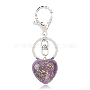 Natural Amethyst Heart with Eye of Horus Keychain, Reiki Energy Stone Keychain for Bag Jewelry Gift Decoration, 9.5x3cm(PW-WG82166-04)