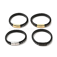 Black Leather & 304 Stainless Steel Rope Braided Cord Bracelet Magnetic Clasp for Men Women, Mixed Color, 8-5/8 inch(21.8cm)(BJEW-C021-12)