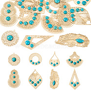 Pandahall 16Pcs 8 Styles Brass Big Pendants, with Synthetic Turquoise, Mixed Shapes, Light Gold, 33.5~60x27~50x3~5.5mm, Hole: 1.2~1.8mm(KK-TA0001-31)