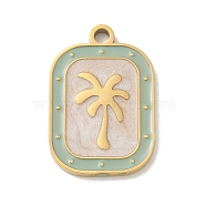 304 Stainless Steel Enamel Pendants, Golden, Rectangle with Coconut Tree Charm, Dark Sea Green, 19.5x13x1.5mm, Hole: 1.8mm(STAS-I322-83G-C)