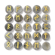 Brass Elder Futhark Alphabet Engraved Symbol Flat Round Natural Labradorite Rune Stones, for Chakras Balancing, Crystal Therapy, Meditation, Divination, 16.5~17.5x6~7mm, 25pcs/set(G-I373-01K)