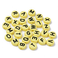 Opaque Acrylic Beads, Horizontal Hole, Flat Round with Black Random Letters, Yellow, 10x4.5mm, Hole: 2mm, about 1600pcs/500g(MACR-S273-50G)