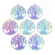 Ion Plating(IP) 201 Stainless Steel Filigree Pendants, Etched Metal Embellishments, Flat Round with Heart Tree & Lover Cat, for Valentine's Day, Rainbow Color, 33.5x30.5x0.4mm, Hole: 2mm(X-STAS-T057-21)