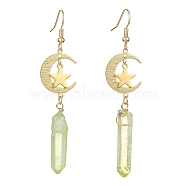 Electroplated Natural Quartz Crystal Dangle Earrings, with Brass Real 24K Gold Plated Link Connectors and 304 Stainless Steel Charms, Moon/Star, 72~74x16.5mm(EJEW-TA00256)