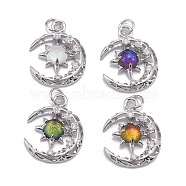 Brass Micro Pave Clear Cubic Zirconia Glass Pendants, with Jump Ring, Long-Lasting Plated, Moon, Cadmium Free & Lead Free, Real Platinum Plated, Mixed Color, 21x16.5x4.5mm, Jump Ring: 5x0.8mm, 3.5mm Inner Diameter(ZIRC-C024-06P)