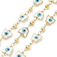 Ion Plating(IP) Enamel Butterfly with Evil Eye Link Chains, with Gold Plated 304 Stainless Steel Findings, Unwelded, with Spool, White, 10x8.5x2mm, 8.5x4x3.5mm(CHS-G020-01G-02)