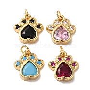 Rack Plating Brass Pave Cubic Zirconia Charms, with Glass & Jump Ring, Lead Free & Cadmium Free, Real 18K Gold Plated, Long-Lasting Plated, Cat's Paw Print Charm, Mixed Color, 14x13x4mm, Hole: 3.4mm(KK-O142-58G)