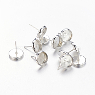 Brass Stud Earring Settings, Cadmium Free & Nickel Free & Lead Free, Silver Color Plated, Tray: 8mm, 13.5x10mm, Pin: 0.7mm(IFIN-Q006-S-NF)