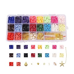 DIY Jewelry Kits, with Handmade Polymer Clay Heishi Beads, Alloy Pendants, Elastic Thread, Brass Spacer Beads & Ball Head Pins & Jump Rings, Cowrie Shell Beads and Scissors, Golden, 6x1mm, Hole: 1.5~2mm, about 3240~3600pcs/set(DIY-SZ0001-03-6mm)