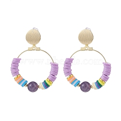 Natural Amethyst & Polymer Clay Beaded Big Ring Dangle Stud Earrings, Brass Drop Earrings for Women, Golden, 47mm, Pin: 0.7mm(EJEW-TA00075-01)