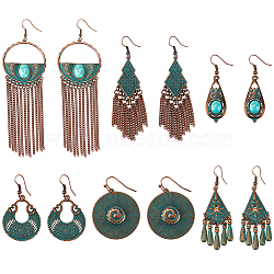 6 Pairs 6 Style Ethnic Style Alloy Dangle Earrings with Iron Pins, Tassel Earrings for Women, Horn & Teardrop & Rhombus & Flat Round, Mixed Color, 44~127x15~32.5mm, 1 Pair/style(EJEW-AN0004-48)