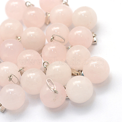 Round Natural Rose Quartz Pendants, with Platinum Tone Brass Findings, 17~19x13~14mm, Hole: 2x7mm(X-G-Q434-02)