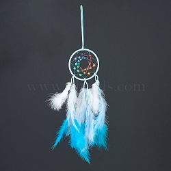 Synthetic & Natural Mixed Stone Pendant Decorations, with Cotton Thread, Woven Net/Web with Feather, Deep Sky Blue, 490mm(AJEW-I059-11F)