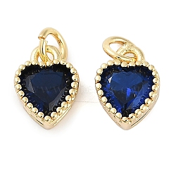 Real 18K Gold Plated Brass Inlaid Cubic Zirconia Charms, with Jump Ring, Long-Lasting Plated, Heart, Dark Blue, 8.5x7x4mm, Jump Ring: 4x0.5mm, 2.5mm Inner Diameter(ZIRC-L100-074G-01)