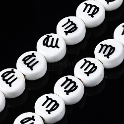 Handmade Porcelain Ceramic Beads Strands, Printed, Flat Round with Constellation, Virgo, 10~11x5mm, Hole: 2mm, about 30pcs/strand, 11.81 inches(30cm)(PORC-S502-032J)