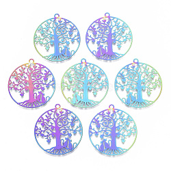 Ion Plating(IP) 201 Stainless Steel Filigree Pendants, Etched Metal Embellishments, Flat Round with Heart Tree & Lover Cat, for Valentine's Day, Rainbow Color, 33.5x30.5x0.4mm, Hole: 2mm(X-STAS-T057-21)