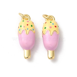 Rack Plating Brass Enamel Pendants, with Jump Ring, Long-Lasting Plated, Cadmium Free & Lead Free, Ice Cream Charm, Real 18K Gold Plated, Pink, 23x8x6mm, Hole: 3mm(KK-Z056-38G)