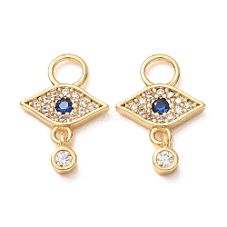 Brass Micro Pave Marine Blue Cubic Zirconia Charms, Evil Eye Charms, Rack Plating, Long-Lasting Plated, Cadmium Free & Lead Free, Real 18K Gold Plated, 15x10.5x3mm, Hole: 3mm(CU-K002-18G)