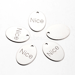 Spray Painted Stainless Steel Pendants, Oval with Word Nice, Stainless Steel Color, 30x22x1mm, Hole: 3mm(STAS-I048-J06)