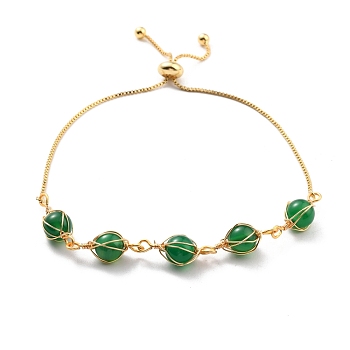 Natural Green Agate Wrapped Bracelets, Golden Brass Slider Bracelet for Women, Lead Free & Cadmium Free, 10-5/8 inch(27cm)