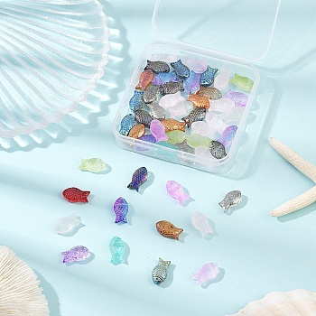 50Pcs 5 Colors Transparent Spray Painted Glass Beads, Fish, Mixed Color, 15x8x5mm, Hole: 1mm, 5pcs/color