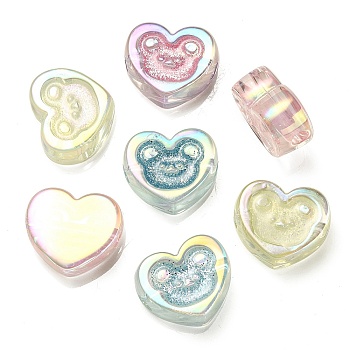 UV Plating Rainbow Iridescent Acrylic Beads, with Glitter Powder, Heart with Bear Pattern, Mixed Color, 17.5x20x9mm, Hole: 3.5mm