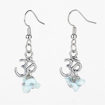 Natural Larimar Chip Earrings, with Alloy Charm and Brass & Iron Findings, Light Sky Blue, 41mm, Pin: 0.7mm