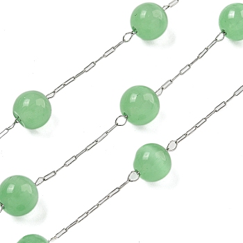 304 Stainless Steel with Glass Cat Eye Link Chains, Soldered, with Spool, Round, Light Green, 13x7.5mm