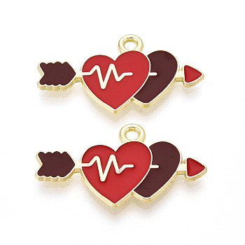 Valentine's Day Alloy Enamel Pendants, Heart with Arrow Charms, Golden, FireBrick, 15x27x1.5mm, Hole: 1.6~1.8mm