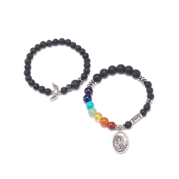 2Pcs 2 Style Style Natural Lava Rock & Mixed Stone & Synthetic Hematite Stretch Bracelets Set, Alloy Wing & Oval Charms Bracelets for Women, Inner Diameter: 2~2-1/8 inch(5.2~5.35cm), 1Pc/style