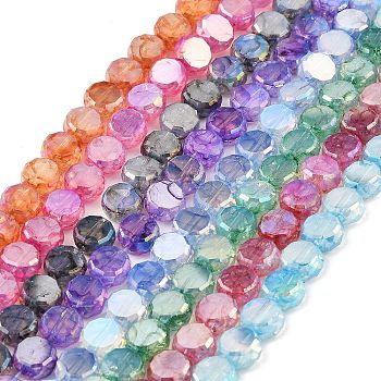 Imitation Jade Glass Beads Strands, AB Color Plated, Faceted, Flat Round, Mixed Color, 7x3.5mm, Hole: 1.4mm, about 59pcs/strand, 16.22''(41.2cm)