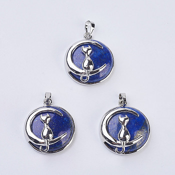 Natural Lapis Lazuli Kitten Pendants, with Brass Findings, Flat Round with Cat & Crescent Moon Shape, Platinum, 32x27.5x10mm, Hole: 5x7mm