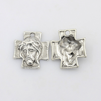 Tibetan Style Alloy Cross with Jesus Alloy Pendants for Easter Jewelry, Antique Silver, Lead Free & Cadmium Free, 23x21x6mm, Hole: 2mm
