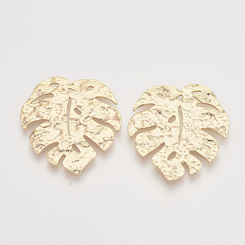 Brasss Pendants, Tropical Leaf Charms, Nickel Free, Real 18K Gold Plated, Monstera Leaf, Bumpy, 30x29x1.5mm, Hole: 1.2mm