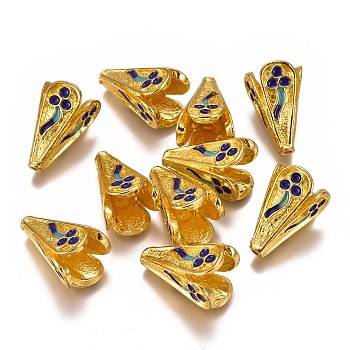Alloy Enamel Bead Cones, 4-Petal, Flower, Blue, Golden, 18x12x12mm, Hole: 1.5mm, Inner Diameter: 8mm