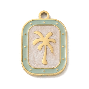 304 Stainless Steel Enamel Pendants, Golden, Rectangle with Coconut Tree Charm, Dark Sea Green, 19.5x13x1.5mm, Hole: 1.8mm