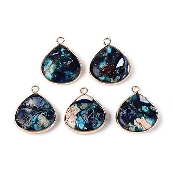 Dyed Natural Imperial Jasper Pendants, Brass Gems Teardrop Charms, Golden, Prussian Blue, 25~25.5x21~22x6~6.5mm, Hole: 2.2mm