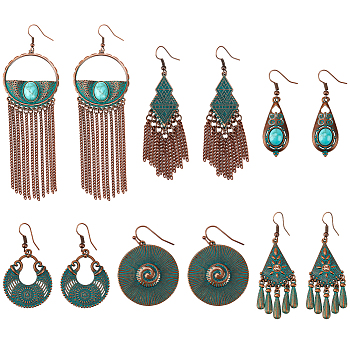 6 Pairs 6 Style Ethnic Style Alloy Dangle Earrings with Iron Pins, Tassel Earrings for Women, Horn & Teardrop & Rhombus & Flat Round, Mixed Color, 44~127x15~32.5mm, 1 Pair/style