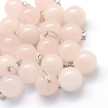 Round Natural Rose Quartz Pendants, with Platinum Tone Brass Findings, 17~19x13~14mm, Hole: 2x7mm