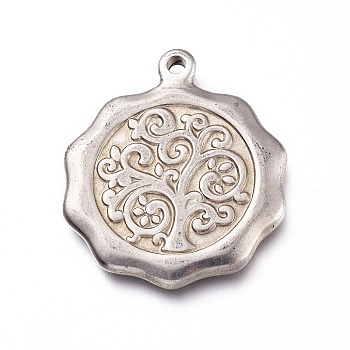 201 Stainless Steel Pendants, Flat Round with Tree of Life, Stainless Steel Color, 26x23x2.5mm, Hole: 1.8mm